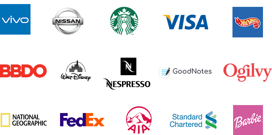 Client logos including Visa, BBDO, NatGeo, Infiniti, Barbie, SCB